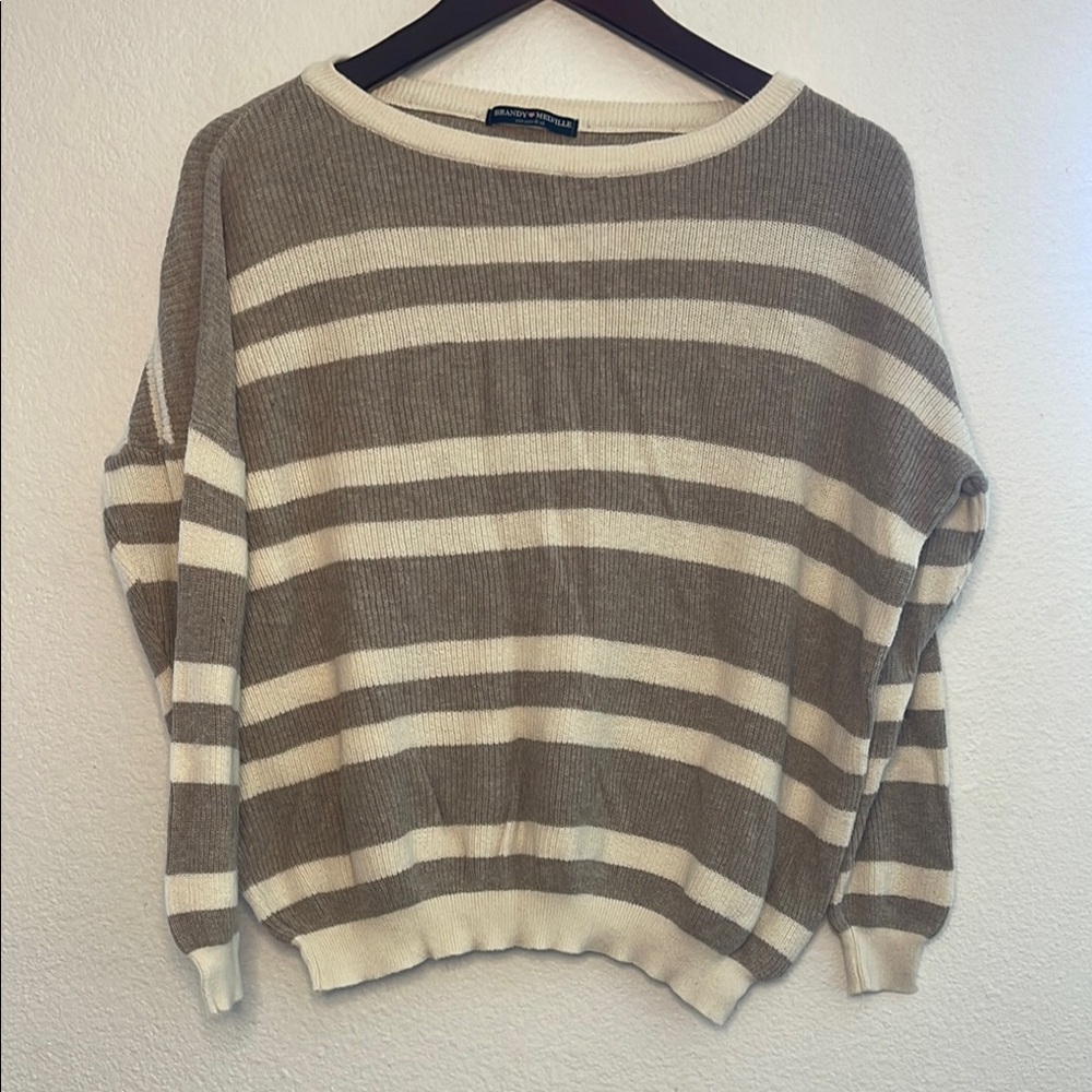 Brandy Melville Brown and Cream Crew Neck Sweater, small holes in back